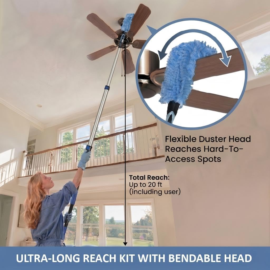 20ft High Ceiling Duster Kits with 5-12ft Heavy Duty Extension Pole - Fan Blade Cleaner, Cobweb Remover & Blue Window Squeegee Kit, Washable Dust Brush for High Roof and Glass Surfaces