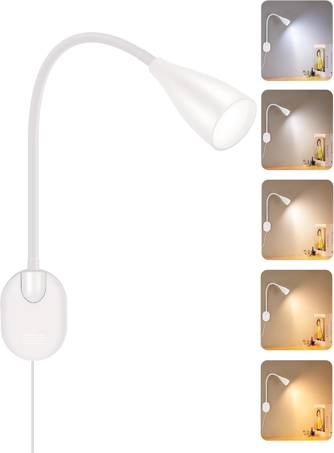 2 Pack LED Wall Mounted Bedside Reading Light, 3 Color Modes,10 Brightness Dimmable, USB Charging Port, Memory Timer Adhesive Wall Light Night Lamp for Books in Bed, Eye-Caring Bedroom Lighting White