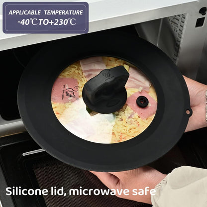 Vented Tempered Glass Universal Lid for Pot Pan Skillet with Heat Resistant Silicone Rim Microwave Splatter Lid Cover Microwave Safe Fit 11.5" 12" 12.5" Cookware, Dishwasher Safe Black
