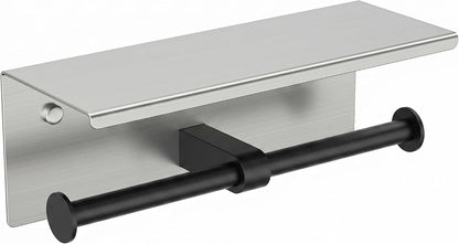 FORIOUS Toilet Paper Holder with Shelf, Commercial Toilet Paper Dispensers | Brushed Nickel | Wall Mount Bathroom Tissue Holder | SUS304 Stainless Steel Rustproof | Double Tissue Roll Holder