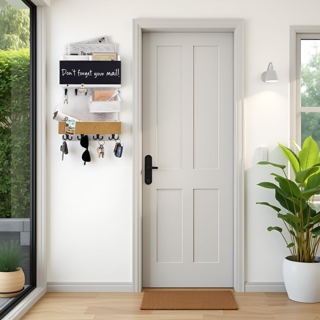 Key Holder for Wall Mount with Shelf and Mail Organizer, Key and Mail Holder with 16 Hooks, Farmhouse Entryway Organizer, Home Decor Rack (Pine Wood, White Washed)