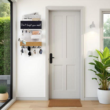 Key Holder for Wall Mount with Shelf and Mail Organizer, Key and Mail Holder with 16 Hooks, Farmhouse Entryway Organizer, Home Decor Rack (Pine Wood, White Washed)