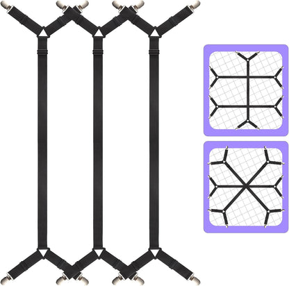 Luyena Bed Sheet Straps 3 Pack, Adjustable Elastic Bed Sheet Holders | Crisscross Design Fitted Sheet Straps for Full Size Mattress, Metal Clips with Non-Slip, Keep Tight in Place, Black