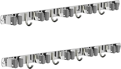 CUXIXA Mop and Broom Holder Wall Mount, Upgraded Broom Organizer Wall Mount, Stainless Steel Broom Hanger Wall Mount for Home Kitchen Garden Laundry Garage (3 Racks with 4 Hooks)