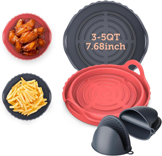 Cosori Air Fryer Silicone Liners for 3-5 Qt, Foldable 7.6 Inch Reusable Basket, Certified Food Grade Accessories, Resistant up to 450°F, Thickened & Durable, Non-stick Dishwasher Safe, Gloves, 2 Pcs