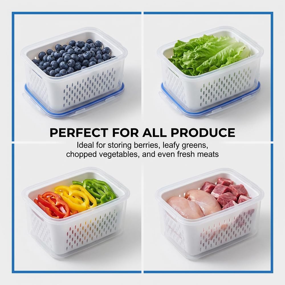 4-in-1 Large Fruit Storage Container with Removable Colander, Leakproof Produce Keeper for Fridge, BPA-Free & Microwave Safe Food Organizer (Grey, S+M+L)