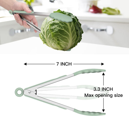 Hotec Mini Silicone Kitchen Tongs for Cooking - 7-Inch Small Serving Tongs with Silicone Tips, Set of 3 (Black,Grey,Light Blue)