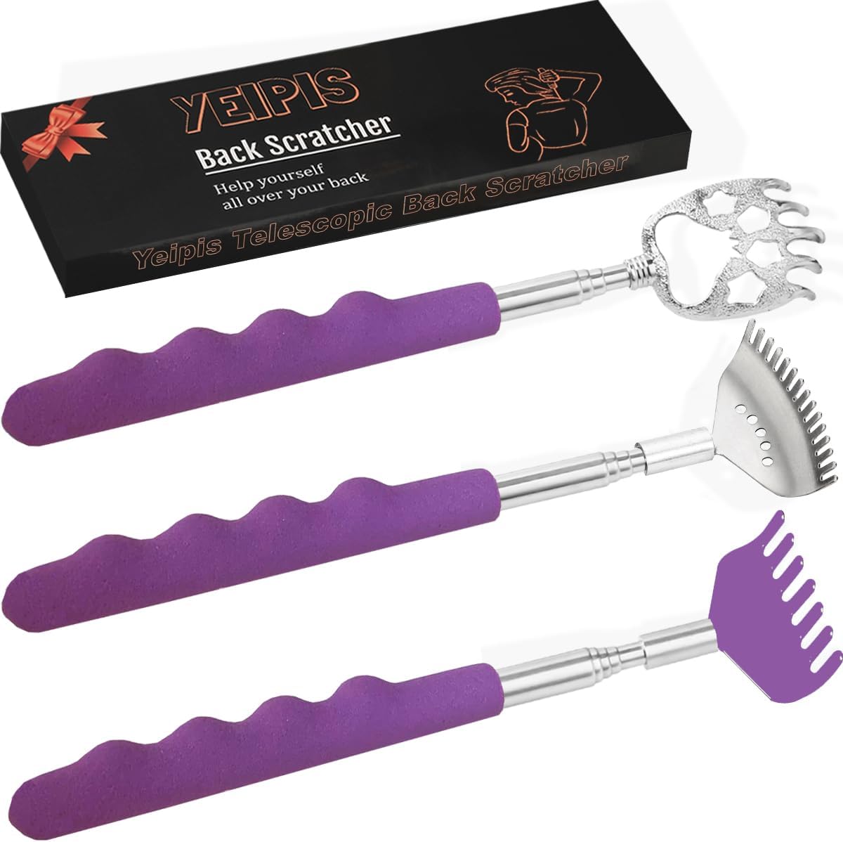 Yeipis 3 Pack Different Back Scratcher Metal Portable Telescoping with Rubber Handles, Extendable Back Massager Tool with Beautiful Box, Stocking Stuffers for Men Women Christmas Presents(Black)