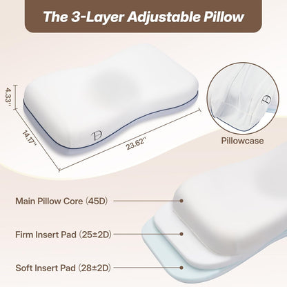 Cervical Neck Pillow, Adjustable Memory Foam for Neck Support, White | Adjustable Firmness. 3-Level Height, Ergonomic Support, CertiPUR-US Foam, Breathable Cover, All Sleep Positions