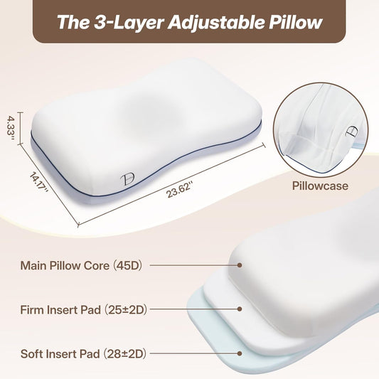 Cervical Neck Pillow, Adjustable Memory Foam for Neck Support, White | Adjustable Firmness. 3-Level Height, Ergonomic Support, CertiPUR-US Foam, Breathable Cover, All Sleep Positions