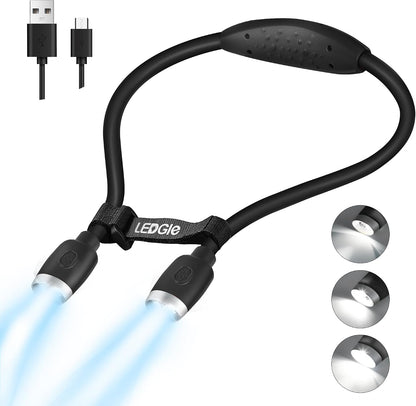 LEDGLE Neck Book Light for Reading Rechargeable,Long Arm,6 Brightness-Black