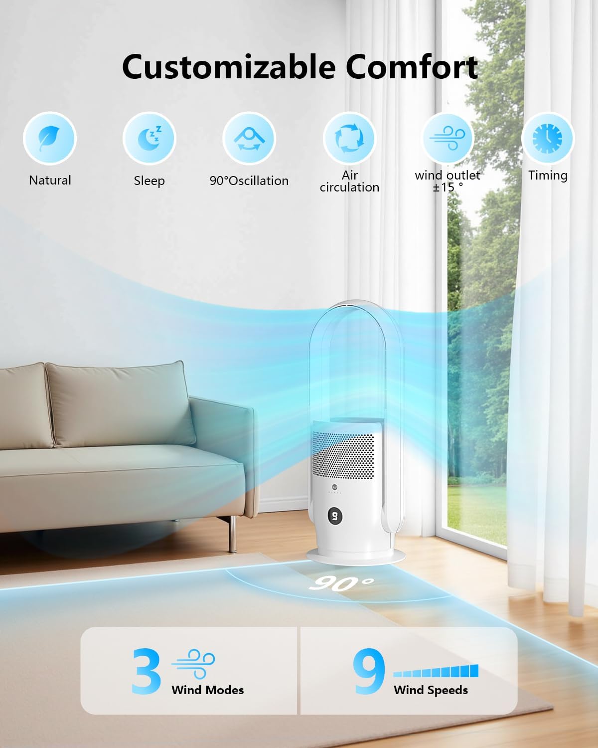 ULTTY Bladeless Tower Fan and Air Purifier Combo, Quiet Oscillating Fan with Remote & Touch Control, 9 Speeds, 8H Timer, HEPA Air Filter, Safe Floor Fan for Bedroom Home Office Black, 23.5"inch