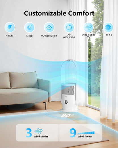 ULTTY Bladeless Tower Fan and Air Purifier Combo, Quiet Oscillating Fan with Remote & Touch Control, 9 Speeds, 8H Timer, HEPA Air Filter, Safe Floor Fan for Bedroom Home Office Black, 23.5"inch