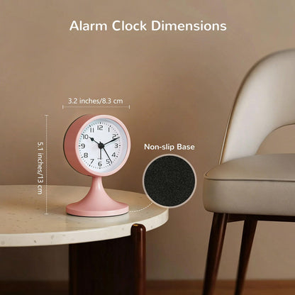 Alarm Clock, Metal 3 inch Silent Non Ticking Small Clock with Night Light, Battery Operated, Desk Analog Clock for Bedrooms Decoration, Old Fashioned Style Clock for Bedside, Adult, Gift