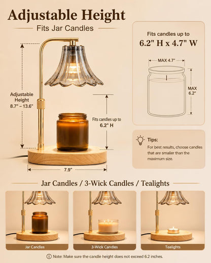 Candle Warmer Lamp with Timer, Dimmer, Vintage Glass Shade | Adjustable height, 2/4/8-hour timer, wood base, 2 bulbs included