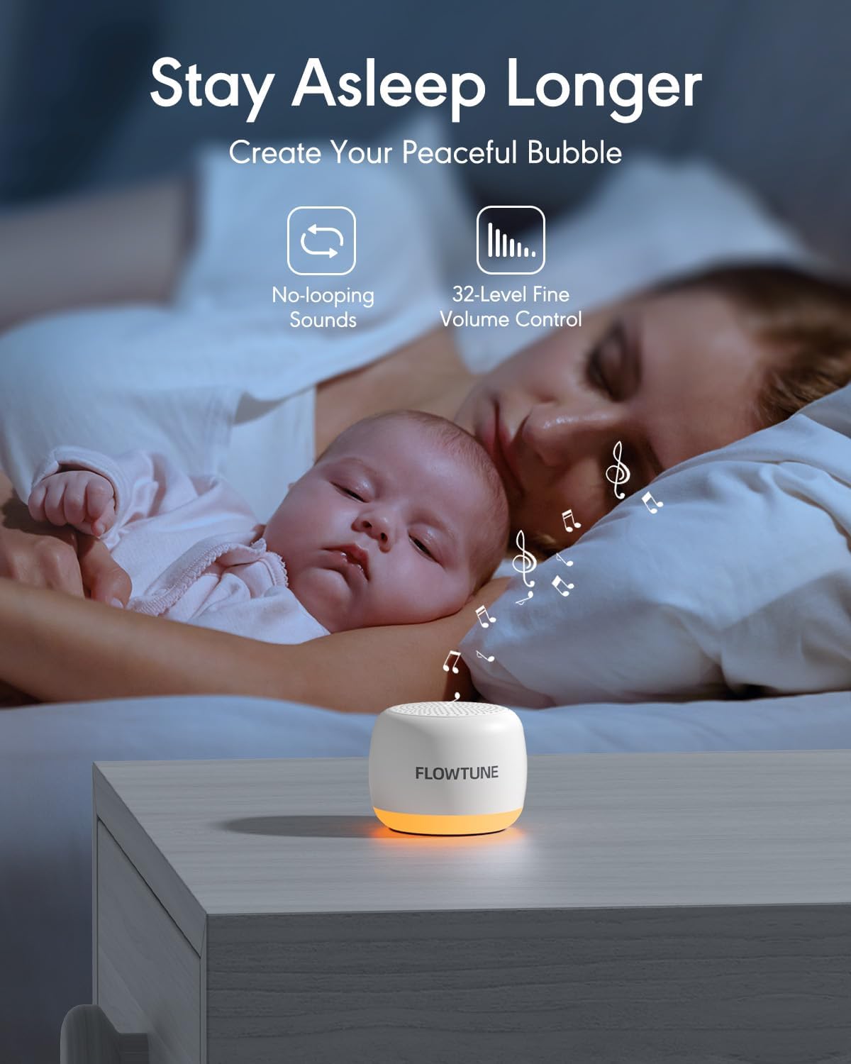 FLOWTUNE Sound Machine with Night Light White Noise Machine for Baby Adults, 18 Non-looping Sounds, Timer, Memory Function, Portable Sleep Sound Therapy Gift