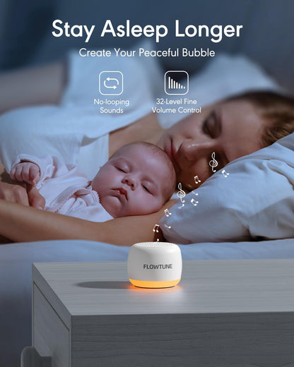 FLOWTUNE Sound Machine with Night Light White Noise Machine for Baby Adults, 18 Non-looping Sounds, Timer, Memory Function, Portable Sleep Sound Therapy Gift