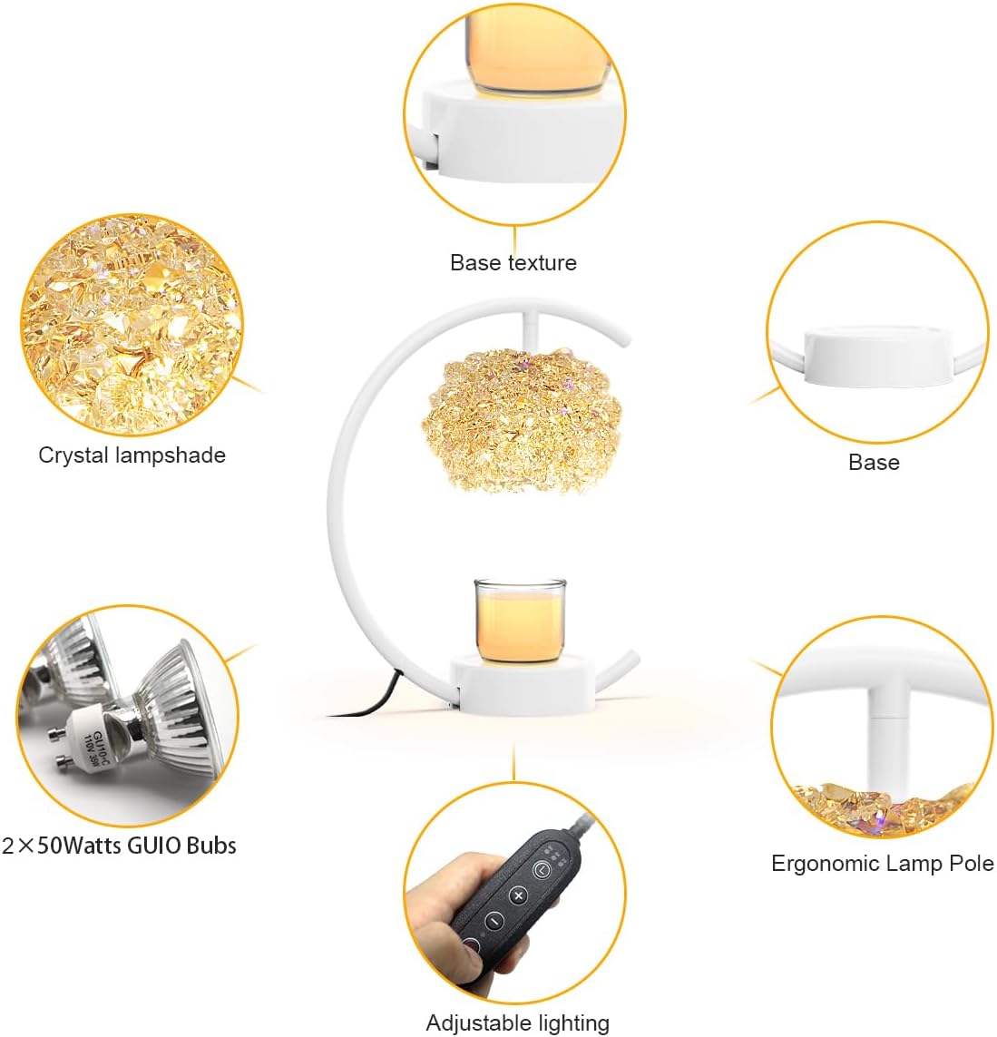 Yeuslor Gold Candle Warmer Lamp for Jar Candles with Adjustable Brightness＆Timer，Handcrafted Crystal＆Wooden Base, Luxurious Design,Home Decoration Electric Candle lamp(C-Shaped)