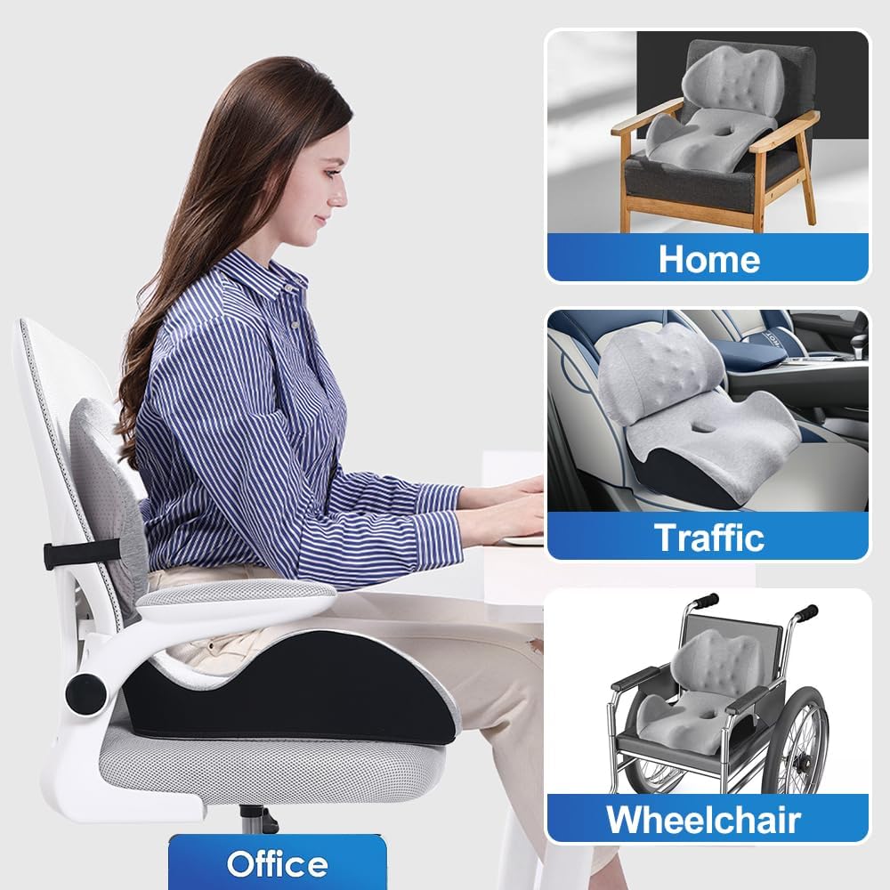 Lexeme X Large Memory Foam Seat Cushion Lumbar Support Pillow for Sciatica & Tailbone Pressure Relief Coccyx Pad for Office Chair, Car,Wheelchair,Home,Office