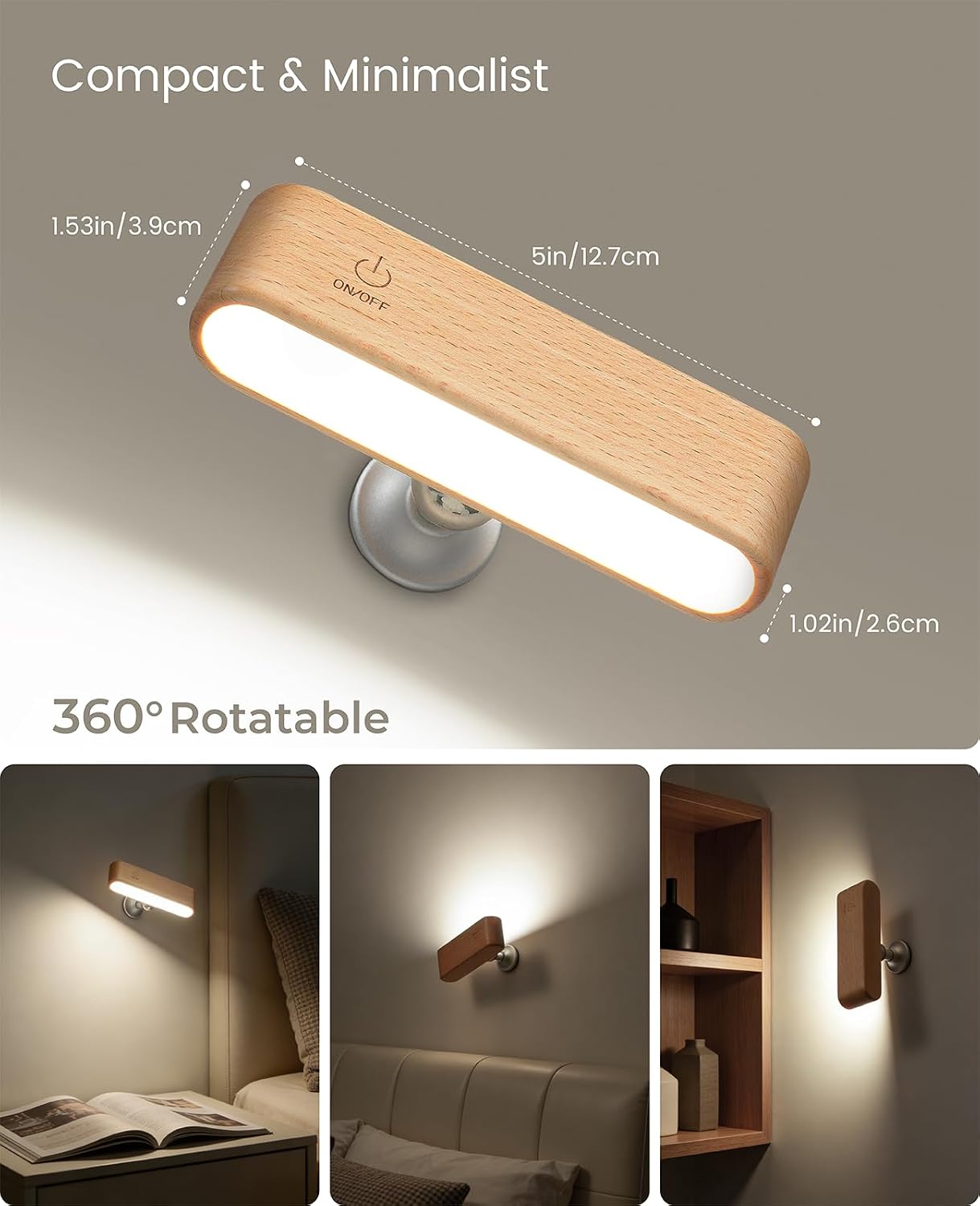 Rechargeable Wall Sconce, Reading Light for Bed, Magnetic Wood Lamp | Set of 2, Black Walnut, Touch Control, Adjustable Brightness, 4000K Nautral Light for Reading, Headboard Light, 360° Rotation