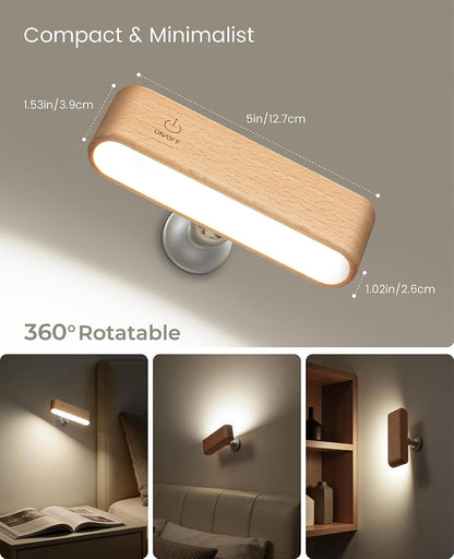 Rechargeable Wall Sconce, Reading Light for Bed, Magnetic Wood Lamp | Set of 2, Black Walnut, Touch Control, Adjustable Brightness, 4000K Nautral Light for Reading, Headboard Light, 360° Rotation
