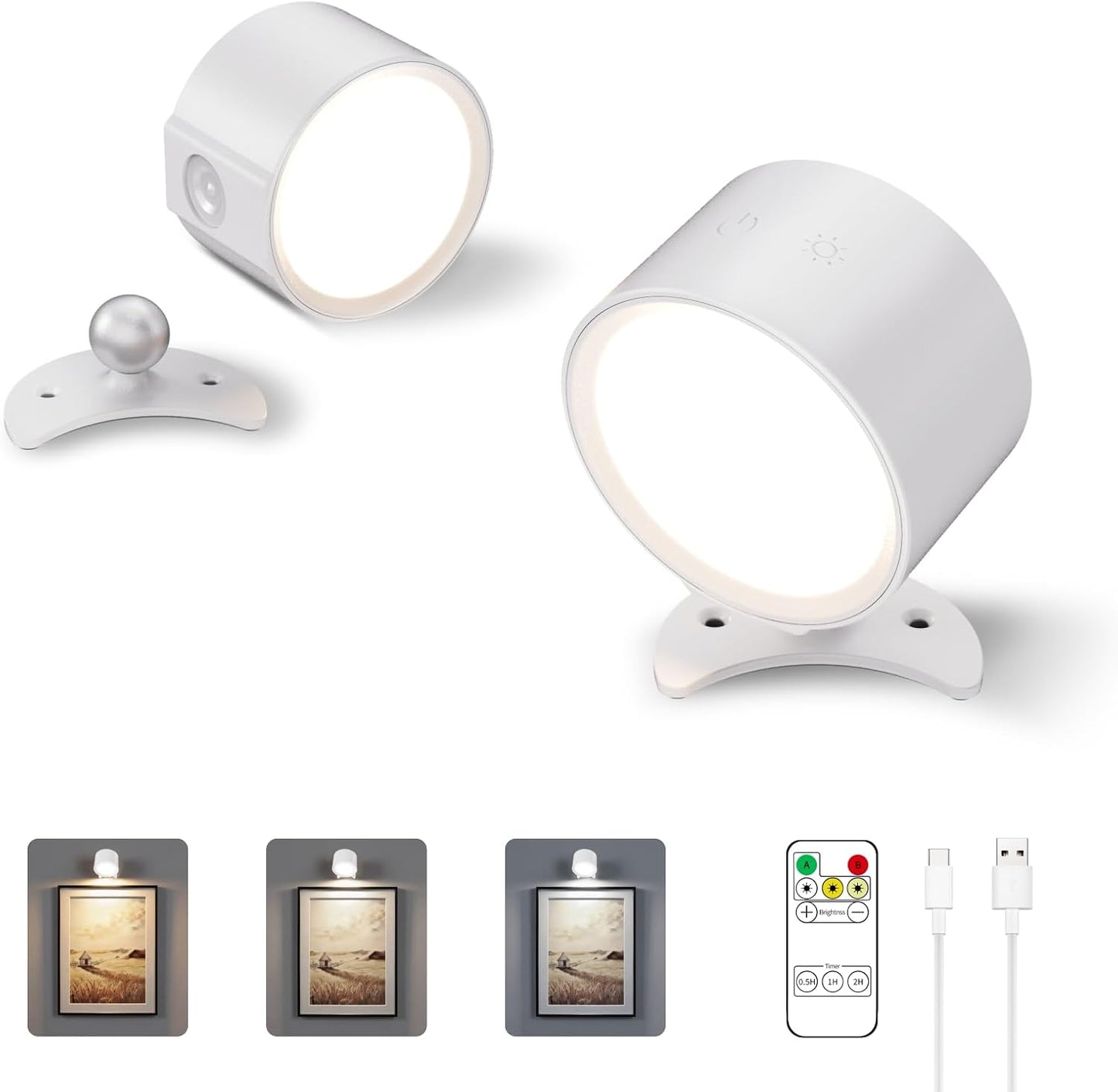 LANMEL LED Wall Mounted Lights,360° Rotating Rechargeable Wall Sconce Lamp | Gold,3CCT,Dimmable,with Remote & Touch Control,USB Wireless Wall Lamp, Suitable for Study,Bedroom,and Bedside Reading