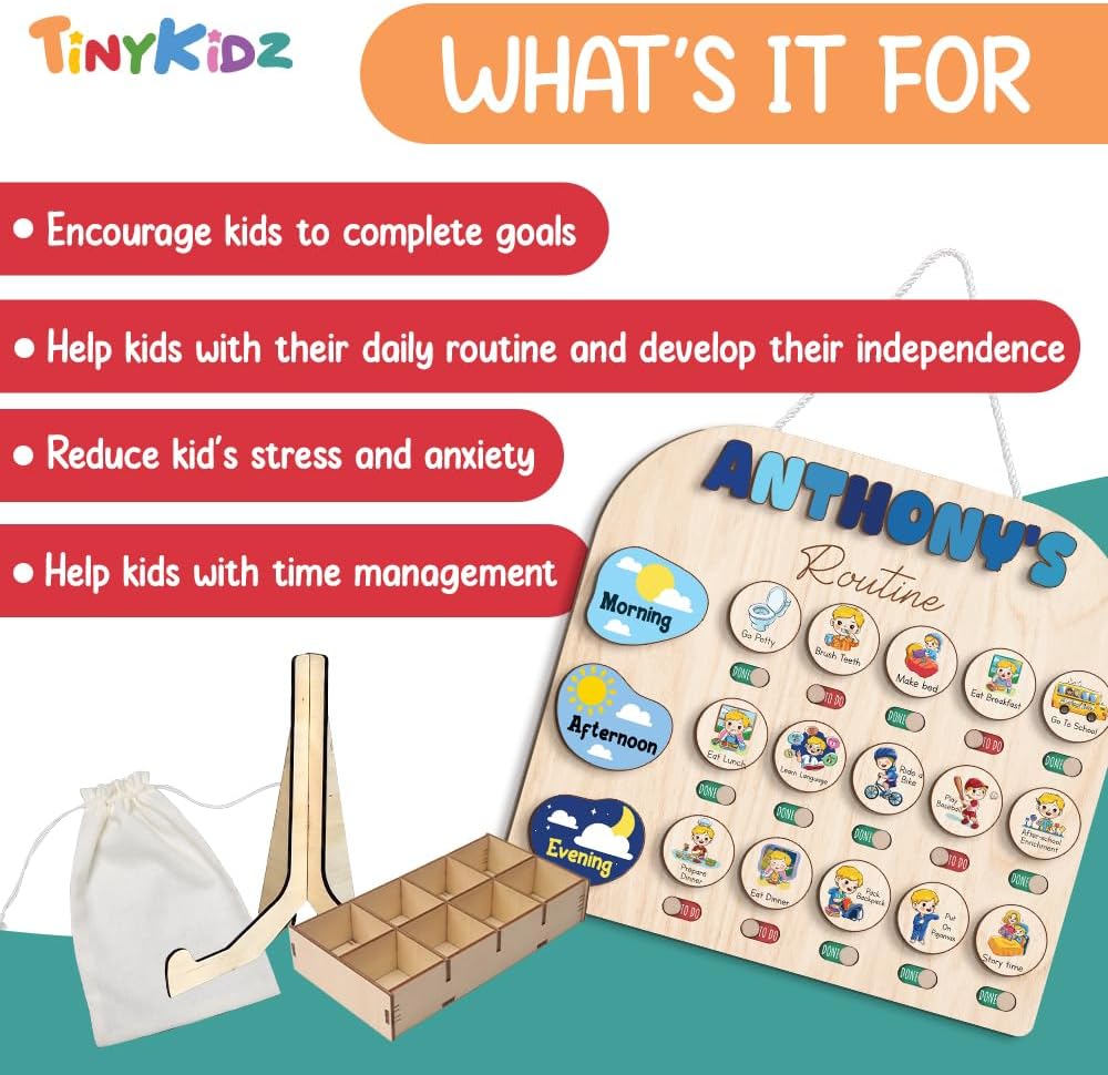 TinyKidz Wooden Daily Routine Chart 11x15, Schedule Board for Kids, Wooden Chore Chart for Kids, Responsibilities Chart for Toddlers, Morning Bedtime Routine for Toddlers