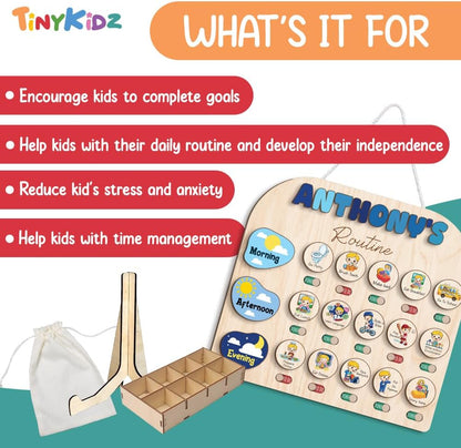 TinyKidz Wooden Daily Routine Chart 11x15, Schedule Board for Kids, Wooden Chore Chart for Kids, Responsibilities Chart for Toddlers, Morning Bedtime Routine for Toddlers