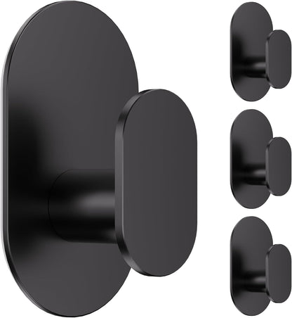 Aikzik Adhesive Towel Hooks - 4 Pack 26LB Extra Strong Heavy Duty Wall Hooks for Bathroom/Shower Door Hanging Coat, Robe, Towel, Dogs' Leads and Collars (Matte Black, Stainless Steel)