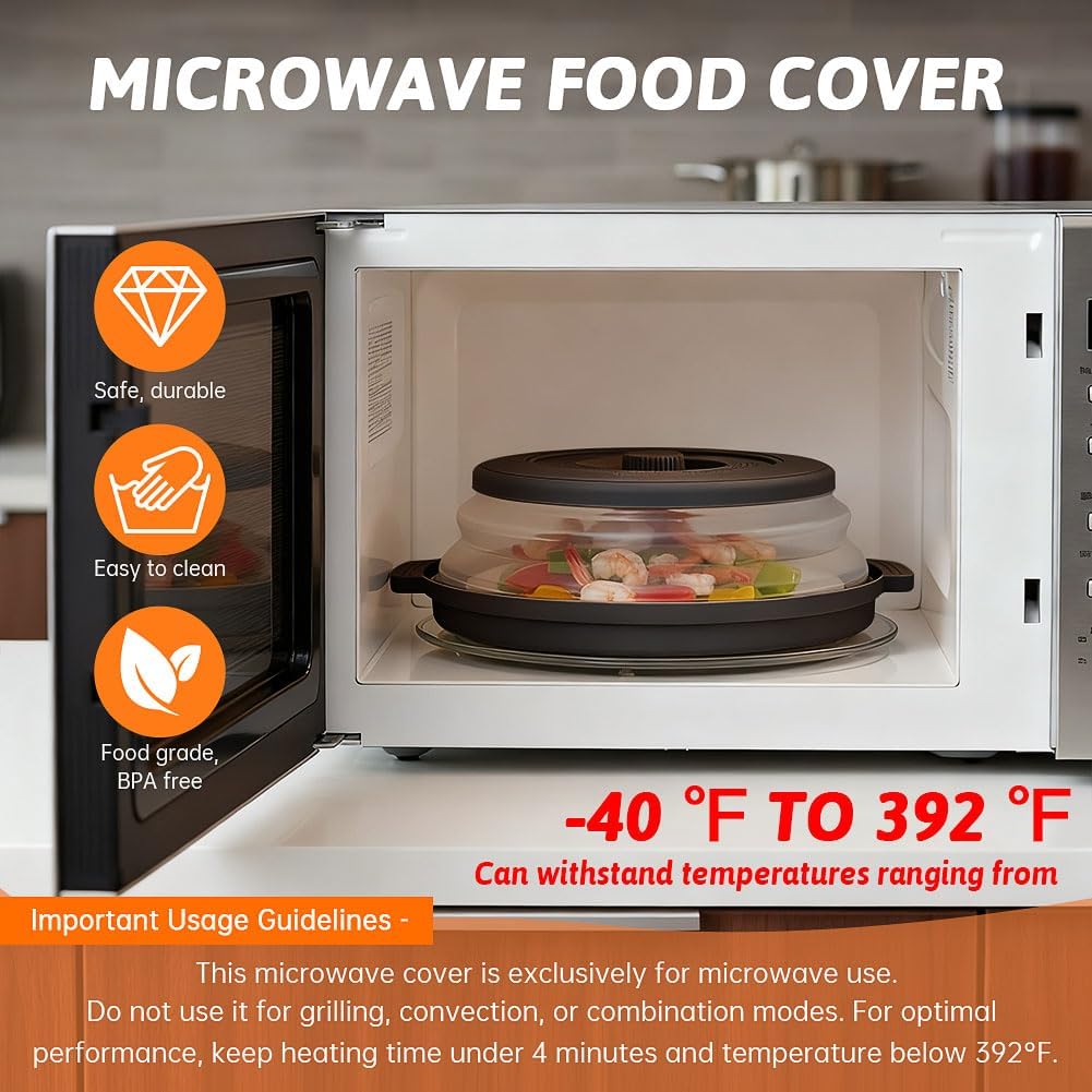 Microwave Splatter Cover 2 in 1 Collapsible Microwave Food Cover with Tray & Handles,Microwave Plate Covers With Steam Vent Fits Bowls,Plates & Pots,Food,Meal Prep(26 * 26 * 7cm,COLOR:Black)