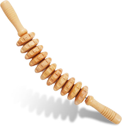 Liitrton Manual Wooden Massage Roller Stick for Muscle Relief, 11-Wheel