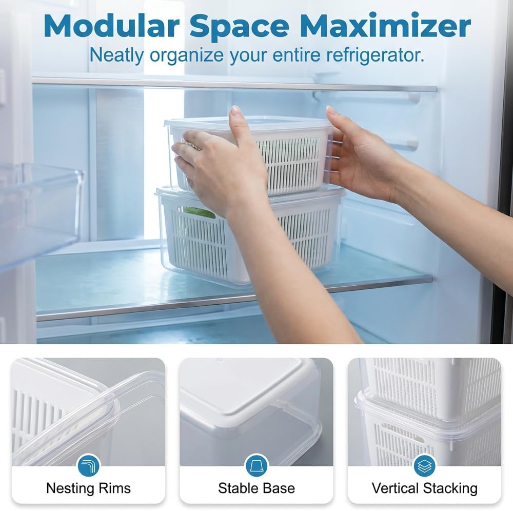 Fruit Containers for Fridge with Colanders (2, 750ml + 1500ml) | Food Storage Containers with Lids