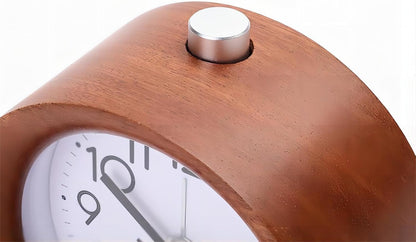 Round Wooden Alarm Clock Analog Non Ticking Night Light Snooze | Silent Arabic Numerals Battery Operated for Desktop Bedroom Bedside Brown