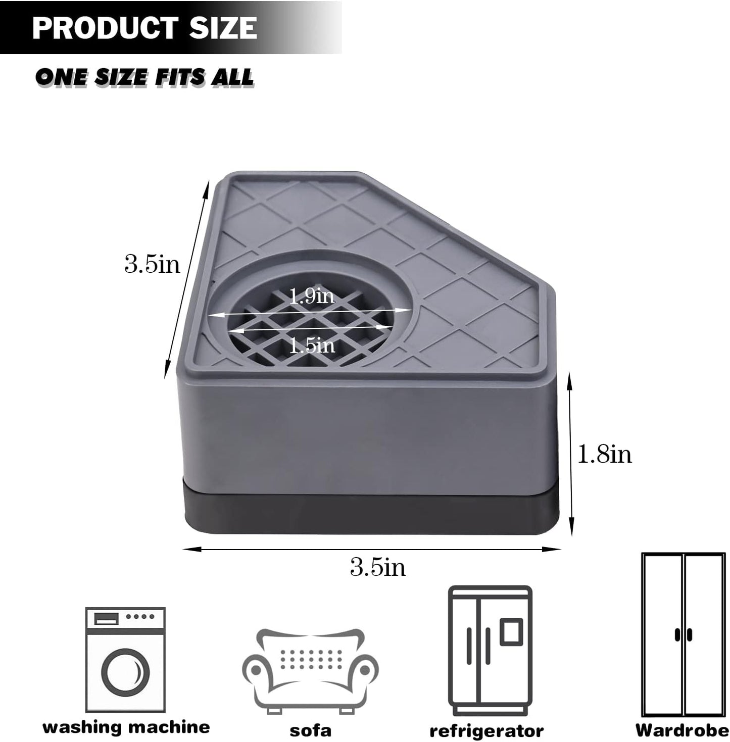 HUAKENER Anti Vibration Pad for Washing Machine, Washer and Dryer Pedestals | A set of 4 High Hard Wearing Square Rubber Foot Pads, Noise Cancelling and Shock Support Protects Pedestals