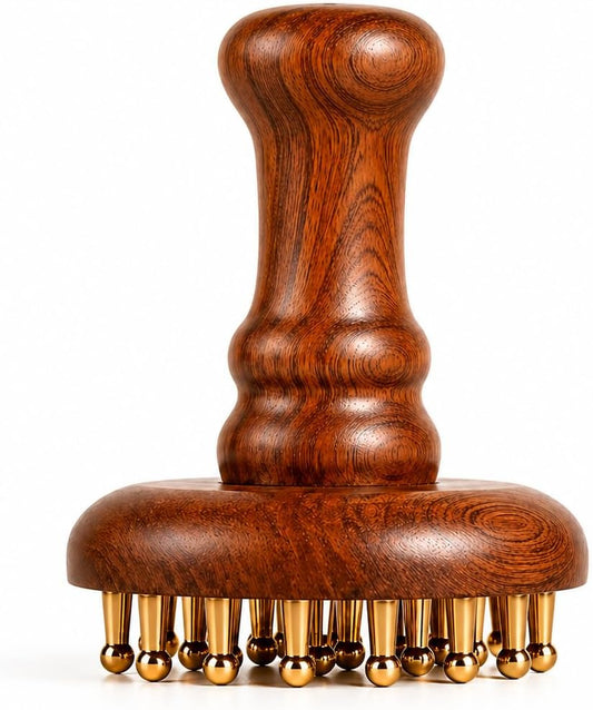 Copper Gua Sha Meridian Massage Brush with 29 Copper Ball Scalp & Body Massage Tool with Sandalwood Handle, Acupressure Massage Brush for Head, Neck, Shoulder & Body Relaxation
