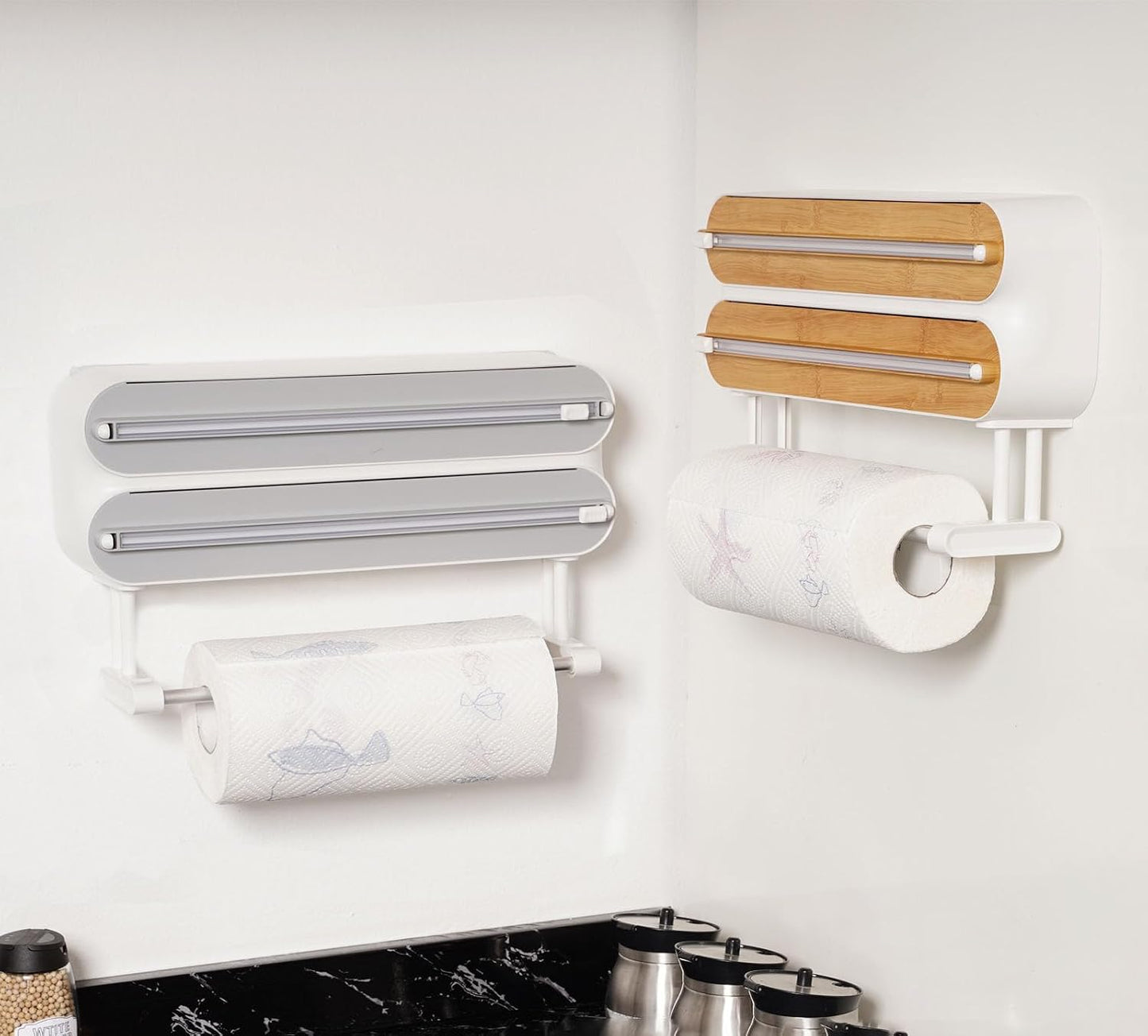Magnetic Plastic Wrap Dispenser with Cutter,3 in 1 Aluminum Foil wrap Organizer,Upgrade Practical Refillable Cling Wrap Film Cutter，Wall Mount Kitchen Wrap Dispenser - Fits 12" Roll, White