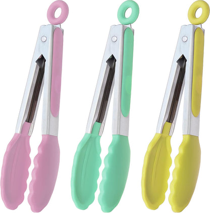 HINMAY Mini Tongs with Silicone Tips 7-Inch Serving Tongs, Set of 3 (Red Blue Green)