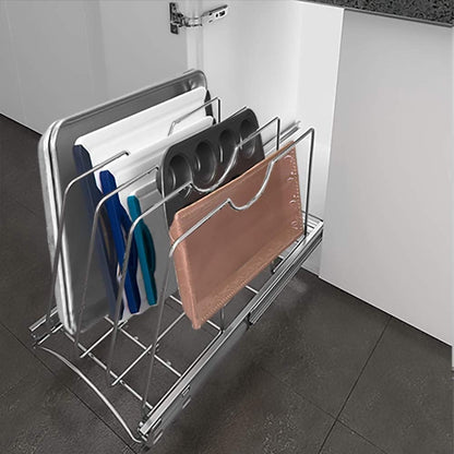 Pull Out Cookie Sheet Organizer, 10" W x 22" D x 11" H, Chrome | For Cabinet, Pan and Pot, Cutting Board, Bakeware, Tray Organizer Rack, Sliding Rack- Heavy Duty, Adjustable Divider Width