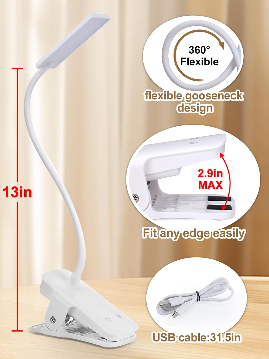 Eye Caring Clip on LED Bed Light 5 Color 5 Brightness Rechargeable Wireless | Flexible Neck Desk Lamp for College Dorm Essentials Reading