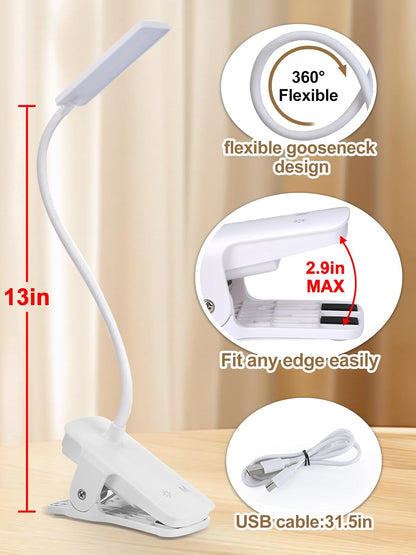 Eye Caring Clip on LED Bed Light 5 Color 5 Brightness Rechargeable Wireless | Flexible Neck Desk Lamp for College Dorm Essentials Reading