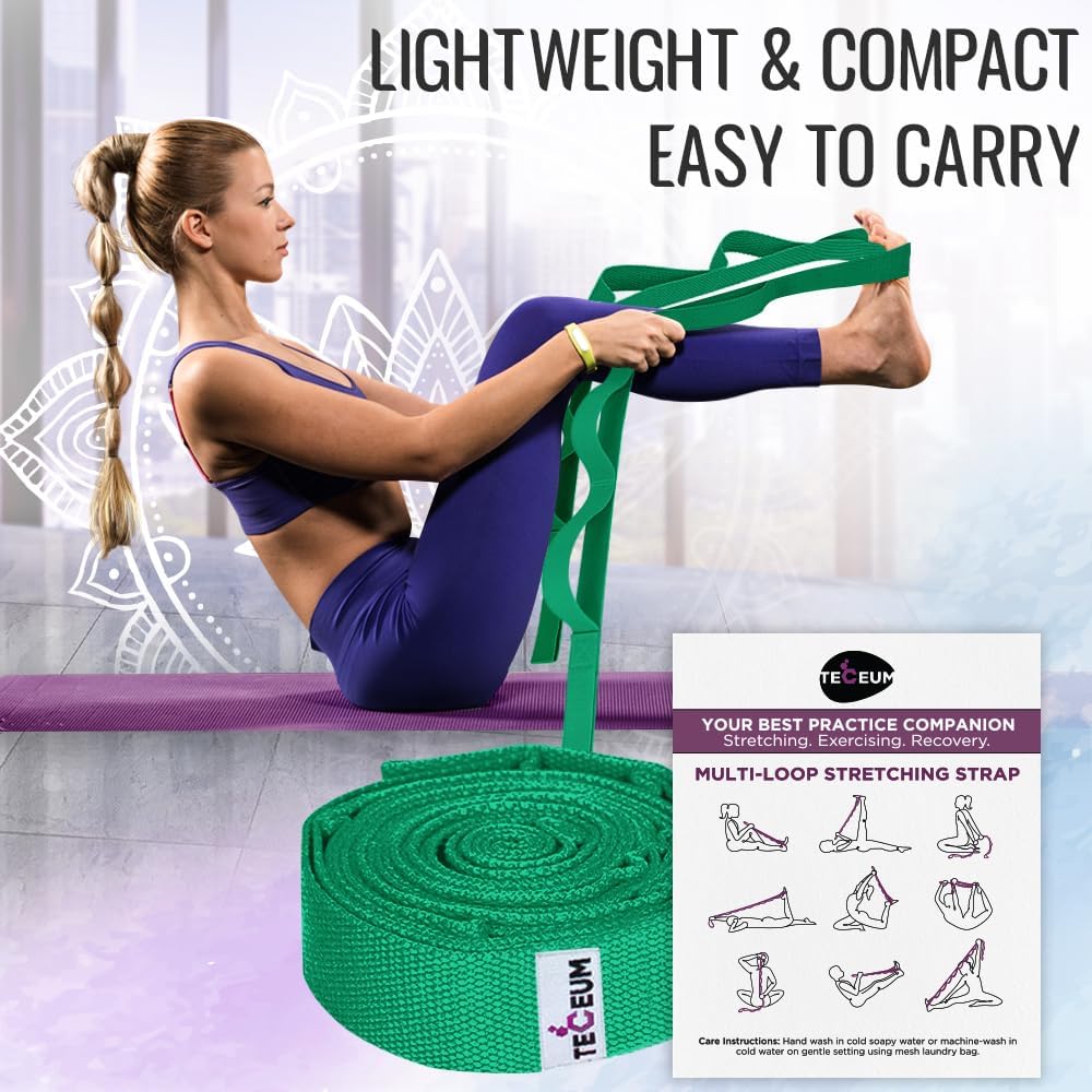 Stretching Strap with 10 Loops for Physical Therapy & Rehab | Non-Elastic Yoga Stretch Band for Hamstring, Leg, Hip & Knee Rehab, Pilates, Flexibility & Mobility Exercises for Men & Women