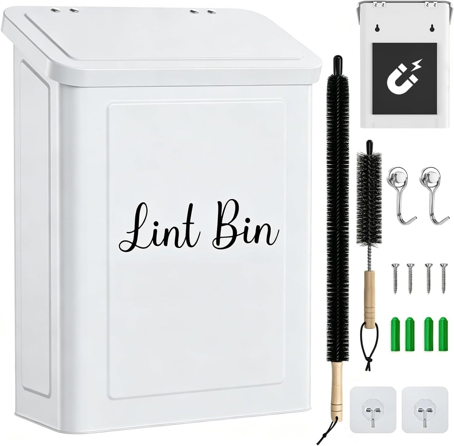 Magnetic Lint Bin for Laundry Room- Wall Mounted Metal Lint Box Holder Trash Can with Dryer Lint Brush, Laundry Room Organization and Storage Decor White