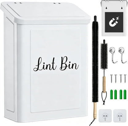 Magnetic Lint Bin for Laundry Room- Wall Mounted Metal Lint Box Holder Trash Can with Dryer Lint Brush, Laundry Room Organization and Storage Decor White