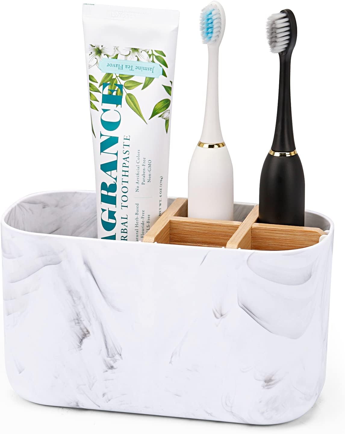GFWARE Toothbrush Holders for Bathrooms - Bamboo Divider Toothbrush and Toothpaste Holder with Drainage, Kids Electric Toothbrush Organizer for Bathroom Countertop, White Tooth Brush Holder | 5 Slots Toothbrush and Toothpaste Holder with Bamboo Divider,