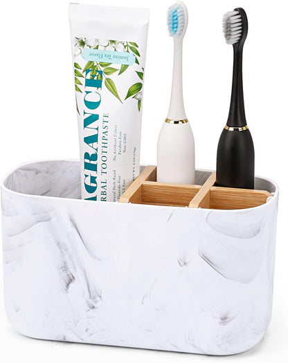GFWARE Toothbrush Holders for Bathrooms - Bamboo Divider Toothbrush and Toothpaste Holder with Drainage, Kids Electric Toothbrush Organizer for Bathroom Countertop, White Tooth Brush Holder | 5 Slots Toothbrush and Toothpaste Holder with Bamboo Divider,