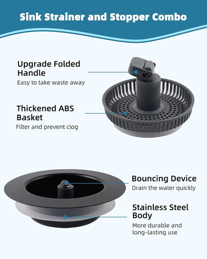 Universal 3 in 1 Kitchen Sink Drain Strainer Stopper Combo, Matte Black | Stainless Steel Shell Pop Up Sink Stopper for US Standard 3-1/2 inch Drain Filter, Anti-Clog and Easy Clean