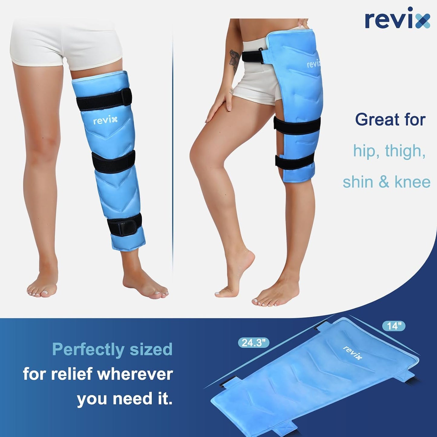 REVIX Large Leg Ice Pack Reusable, Gel Ice Wrap with 3 Straps for Leg, Hip, Thigh, Knee and Shin, Cold Compress Therapy for Post-Workout Recovery, Navy