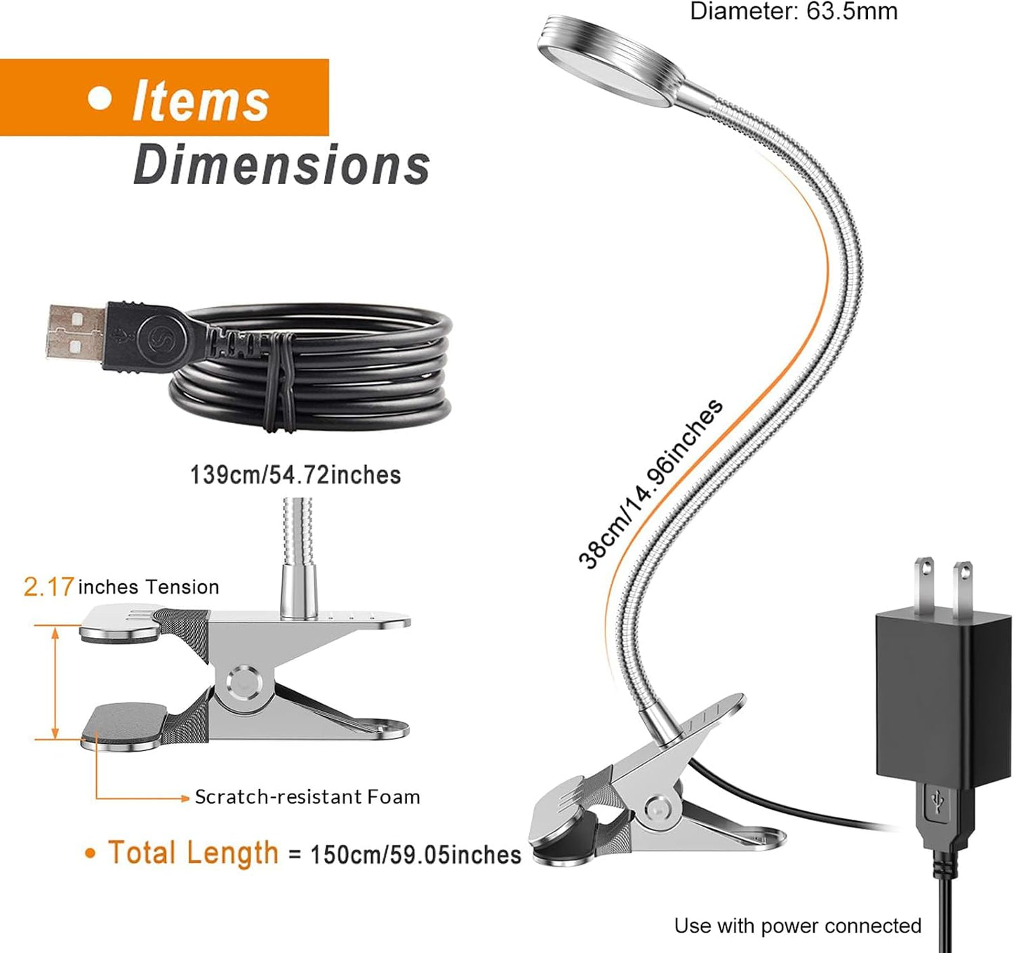 LEPOWER Clip on Light, Book Reading Lamp for Desk, Bed Headboard and Dorm | Adjustable Gooseneck, Color & Brightness Changeable, Adapter Included, LED Table Lamp for Computer, Bedside, Metal, White