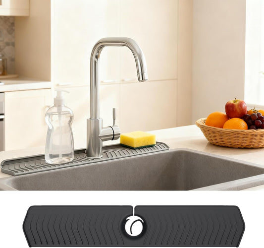 30 Inch Silicone Kitchen Sink Faucet Mat, Adjustable Waterproof Splash Guard Draining Mat Keep Countertops Dry (Gray)