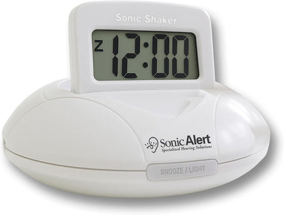 Sonic Shaker SBP200 White Compact Travel Alarm Clock – Pop-Up LCD Digital Screen – Bed Shaker Vibration – Buzz and Vibrate Modes – Rechargeable Alarm Clock